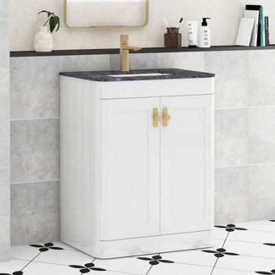 Royal Bathrooms Henley 600mm Gloss White Floor Standing Vanity Unit 2 Door With Undrilled Black Star Top & Brushed Brass Knob - image 1