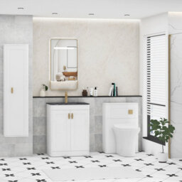 Royal Bathrooms Henley 600mm Gloss White Floor Standing Vanity Unit 2 Door With Undrilled Black Star Top & Brushed Brass Knob - thumbnail 3