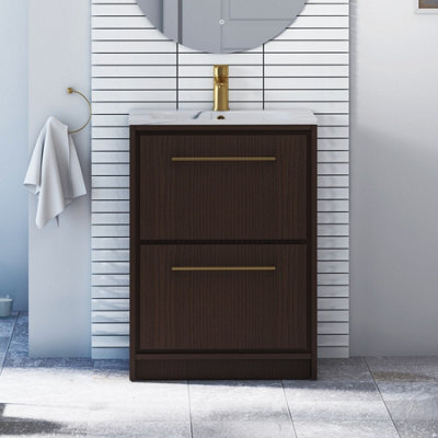 Royal Bathrooms Livora 600mm Walnut Woodgrain Floor Standing Vanity Unit 2 Drawer With Carrara White Basin & Brushed Brass Handle - image 1