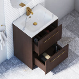 Royal Bathrooms Livora 600mm Walnut Woodgrain Floor Standing Vanity Unit 2 Drawer With Carrara White Basin & Brushed Brass Handle - thumbnail 4