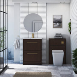Royal Bathrooms Livora 600mm Walnut Woodgrain Floor Standing Vanity Unit 2 Drawer With Carrara White Basin & Brushed Brass Handle - thumbnail 3