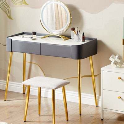 Beliani Dressing Table Grey Gold Mdf With Led Mirror, 2 Drawers And Stool - W100 X D41 X H133Cm - image 1