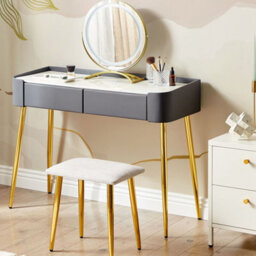 Beliani Dressing Table Grey Gold Mdf With Led Mirror, 2 Drawers And Stool - W100 X D41 X H133Cm - thumbnail 1