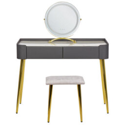 Beliani Dressing Table Grey Gold Mdf With Led Mirror, 2 Drawers And Stool - W100 X D41 X H133Cm - thumbnail 2