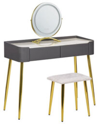 Beliani Dressing Table Grey Gold Mdf With Led Mirror, 2 Drawers And Stool - W100 X D41 X H133Cm - thumbnail 3