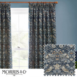 Morris & Co Strawberry Thief Jacquard Jacquard Floral Room Darkening Pencil Pleat Curtain Pair Indigo (W)168Cm X (D)229Cm