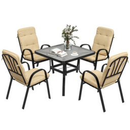 Outsunny Garden Dining Set, Glass Table W/ Umbrella Hole Beige - thumbnail 2