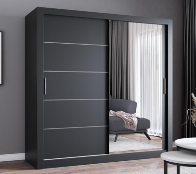 Fhif Ibiza 150Cm Black Sliding Door Wardrobe Modern Bedroom Storage With Full Length Mirror Shelves And Hanging Rails - image 1