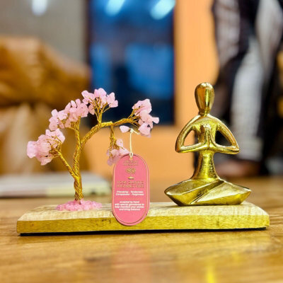 Serenityy Gemstone Yoga Garden - Rose Quartz Tilted Tree With Namaste Figurine - 100 Chipstones - Pink Ornamental