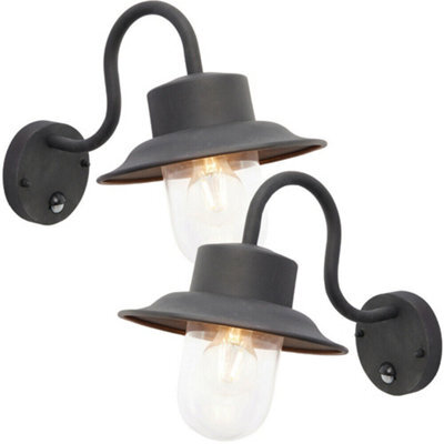 2 Pack Ip44 Outdoor Wall Lamp Black Steel Fisherman Pir Lantern Porch Curved - image 1