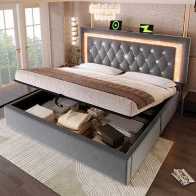 Matteo Grey Super King Velvet Ottoman Bed Frame With Led Lighting, Usb Charging & Adjustable Tufted Headboard - image 1