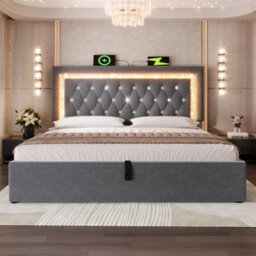 Matteo Grey Super King Velvet Ottoman Bed Frame With Led Lighting, Usb Charging & Adjustable Tufted Headboard - thumbnail 7