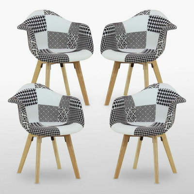 Life Interiors Set Of 4 Black/white Patchwork Fabric Dining Chairs With Wooden Legs, Modern Accent Chair - image 1