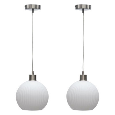 First Choice Lighting Set Of 2 Betchley - White Ribbed Glass Globe With Satin Nickel Pendant - image 1