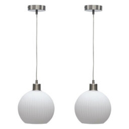 First Choice Lighting Set Of 2 Betchley - White Ribbed Glass Globe With Satin Nickel Pendant - thumbnail 1