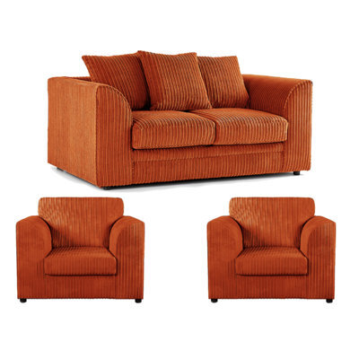 Furnishings For Less UK Luxor Jumbo Cord 2 + 1 + 1 Fabric 3 Piece Sofa Suite - Scatter Back Orange - image 1