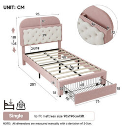 Btm 3Ft Velvet Bed, Cookie-Shaped Storage Headboard, End Drawer, Pink And Cream White (No Mattress) - thumbnail 8