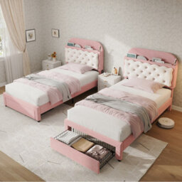 Btm 3Ft Velvet Bed, Cookie-Shaped Storage Headboard, End Drawer, Pink And Cream White (No Mattress) - thumbnail 4