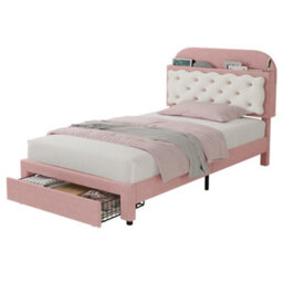 Btm 3Ft Velvet Bed, Cookie-Shaped Storage Headboard, End Drawer, Pink And Cream White (No Mattress) - thumbnail 9