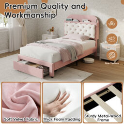 Btm 3Ft Velvet Bed, Cookie-Shaped Storage Headboard, End Drawer, Pink And Cream White (No Mattress) - thumbnail 7