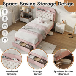 Btm 3Ft Velvet Bed, Cookie-Shaped Storage Headboard, End Drawer, Pink And Cream White (No Mattress) - thumbnail 5