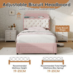 Btm 3Ft Velvet Bed, Cookie-Shaped Storage Headboard, End Drawer, Pink And Cream White (No Mattress) - thumbnail 6