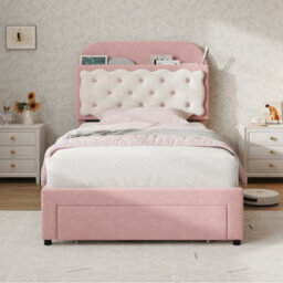 Btm 3Ft Velvet Bed, Cookie-Shaped Storage Headboard, End Drawer, Pink And Cream White (No Mattress) - thumbnail 3