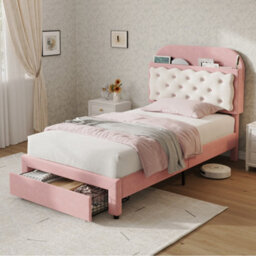Btm 3Ft Velvet Bed, Cookie-Shaped Storage Headboard, End Drawer, Pink And Cream White (No Mattress)