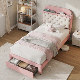 Btm 3Ft Velvet Bed, Cookie-Shaped Storage Headboard, End Drawer, Pink And Cream White (No Mattress) - thumbnail 2