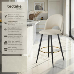 Tectake Bar Stool Rachel With Backrest And Velvet Look Cover, 49 X 58 X 110 Cm - Cream/black, Set Of 2 - thumbnail 2