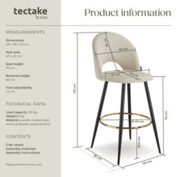 Tectake Bar Stool Rachel With Backrest And Velvet Look Cover, 49 X 58 X 110 Cm - Cream/black, Set Of 2 - thumbnail 6