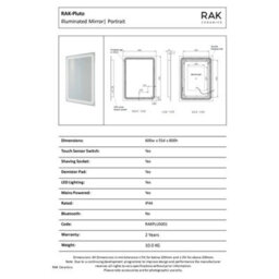 RAK Ceramics Rak Pluto 600X800mm Led Illuminated Bathroom Mirror With Demister & Shaving Socket - Ip44 Rated - thumbnail 2