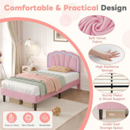 Matteo Pink Single Velvet Upholstered Bed Frame With Rgb Led Adjustable Shell Headboard & Solid Wood Slats - No Box Spring Needed - thumbnail 5