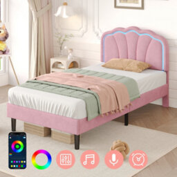 Matteo Pink Single Velvet Upholstered Bed Frame With Rgb Led Adjustable Shell Headboard & Solid Wood Slats - No Box Spring Needed - thumbnail 1