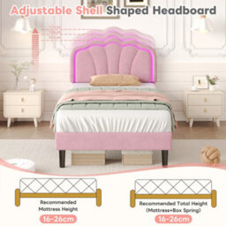 Matteo Pink Single Velvet Upholstered Bed Frame With Rgb Led Adjustable Shell Headboard & Solid Wood Slats - No Box Spring Needed - thumbnail 7