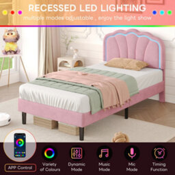 Matteo Pink Single Velvet Upholstered Bed Frame With Rgb Led Adjustable Shell Headboard & Solid Wood Slats - No Box Spring Needed - thumbnail 6