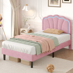 Matteo Pink Single Velvet Upholstered Bed Frame With Rgb Led Adjustable Shell Headboard & Solid Wood Slats - No Box Spring Needed - thumbnail 2