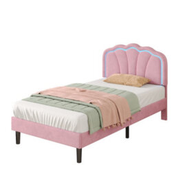 Matteo Pink Single Velvet Upholstered Bed Frame With Rgb Led Adjustable Shell Headboard & Solid Wood Slats - No Box Spring Needed - thumbnail 9