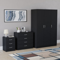 Lassic Vida Designs Riano 3 Piece Bedroom Set (3 Drawer Bedside Chest, 4 Drawer Chest, 3 Door Wardrobe), Black - thumbnail 6