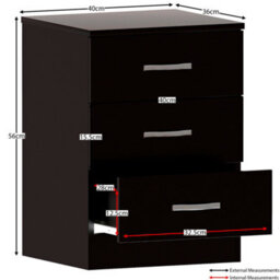 Lassic Vida Designs Riano 3 Piece Bedroom Set (3 Drawer Bedside Chest, 4 Drawer Chest, 3 Door Wardrobe), Black - thumbnail 3