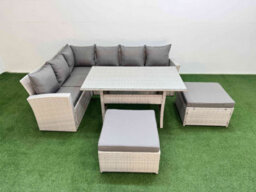 Fimous 8 Seater Rattan Garden Furniture Set Outdoor Patio Dining Corner Sofa Sets With Dining Table 2 Big Footstools Light Grey - thumbnail 2