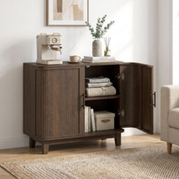 Homcom Sideboard With 2 Curved Doors And Adjustable Shelf, Dark Walnut - thumbnail 2