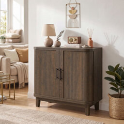 Homcom Sideboard With 2 Curved Doors And Adjustable Shelf, Dark Walnut - thumbnail 1
