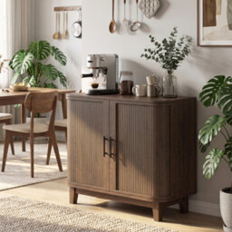 Homcom Sideboard With 2 Curved Doors And Adjustable Shelf, Dark Walnut - thumbnail 8