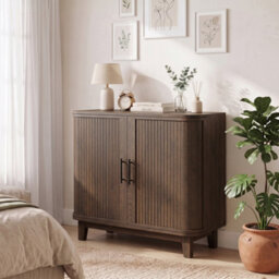 Homcom Sideboard With 2 Curved Doors And Adjustable Shelf, Dark Walnut - thumbnail 9