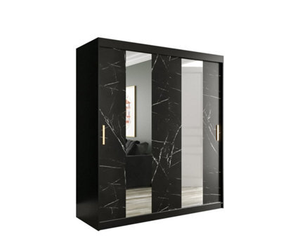 Arte Stylish Black Geneva Sliding Door Wardrobe W1800mm H2000mm D620mm - Mirrored Doors, Gold Handles, Ample Storage - image 1