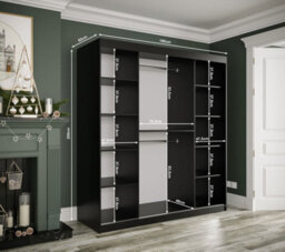Arte Stylish Black Geneva Sliding Door Wardrobe W1800mm H2000mm D620mm - Mirrored Doors, Gold Handles, Ample Storage - thumbnail 4