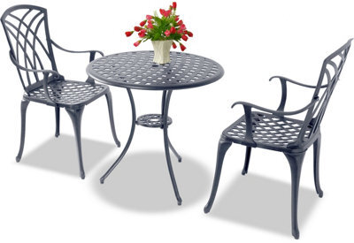 Homeology Oshowa Grey Cast Aluminium Outdoor Garden Table And 2 Comfortable Chairs With Armrests Bistro Set - image 1