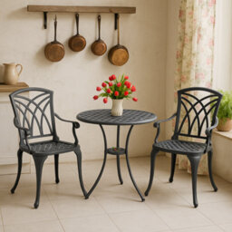 Homeology Oshowa Grey Cast Aluminium Outdoor Garden Table And 2 Comfortable Chairs With Armrests Bistro Set - thumbnail 8