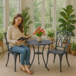Homeology Oshowa Grey Cast Aluminium Outdoor Garden Table And 2 Comfortable Chairs With Armrests Bistro Set - thumbnail 7